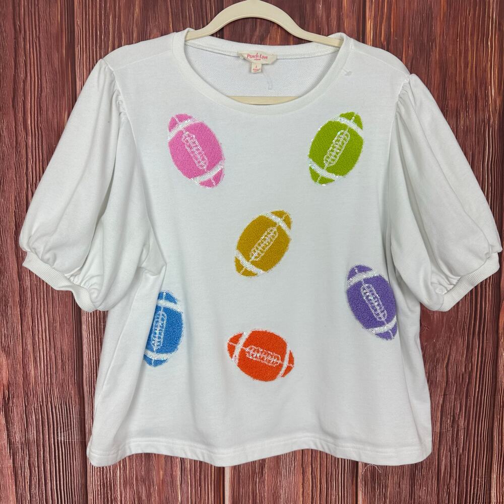 Peach Love California Womens Sequin Football Sweater Top White Size Large L
